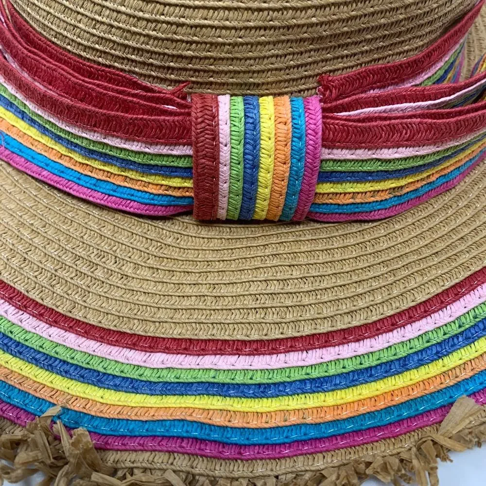Betsey Johnson Rainbow Ribbon Floppy Sun Hat Wide Brim Straw Beach O/S Adjusts